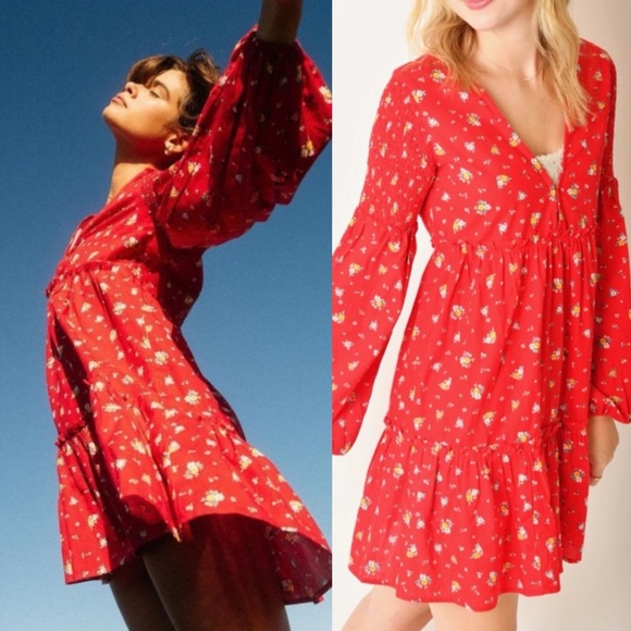 Billabong x Wrangler Falling for You Floral V-Neck Red Long Sleeve Mini Dress - Picture 3 of 16